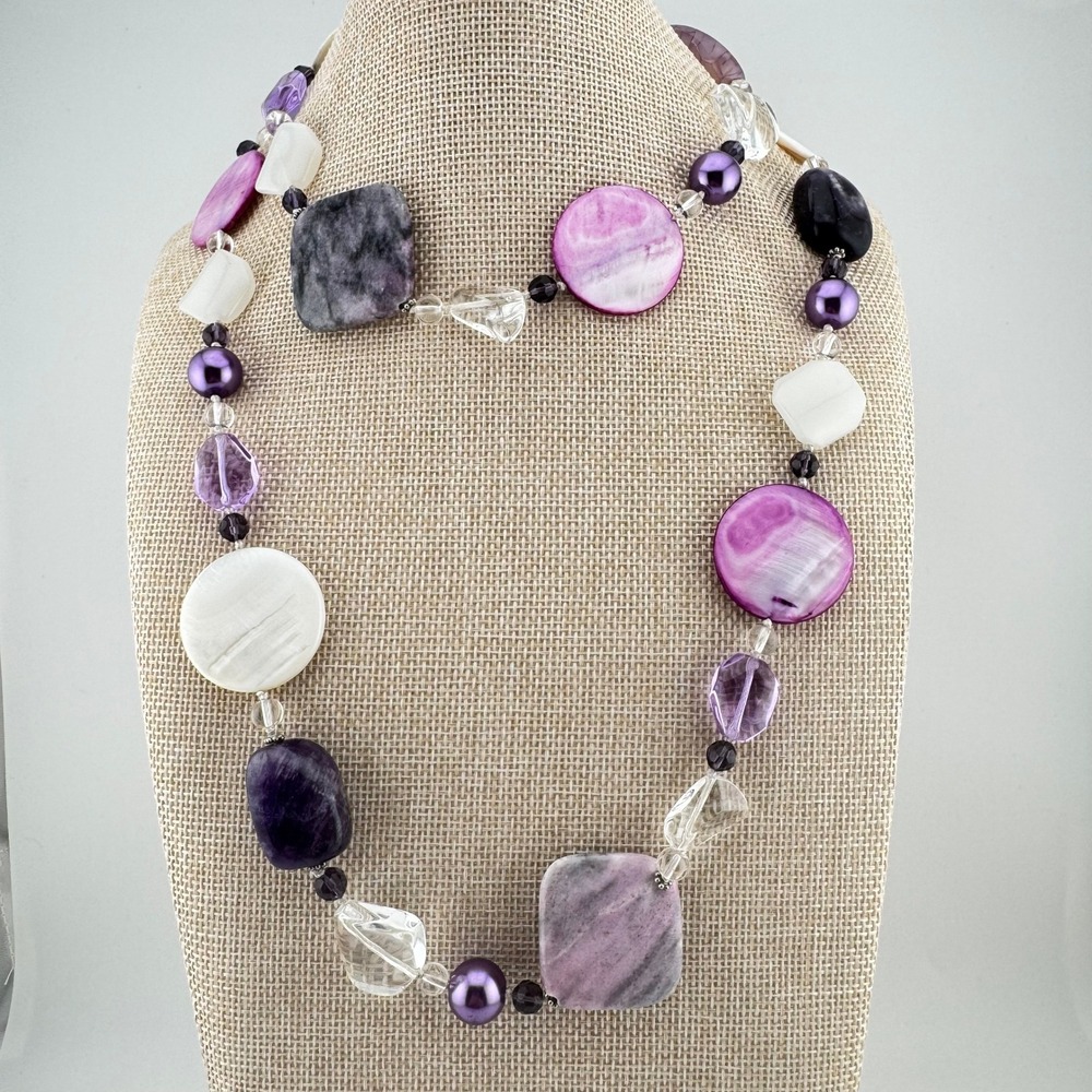 Vintage Y2K Boho Chunky Amethyst Jasper Fluorite Mother of Pearl Necklace 40"